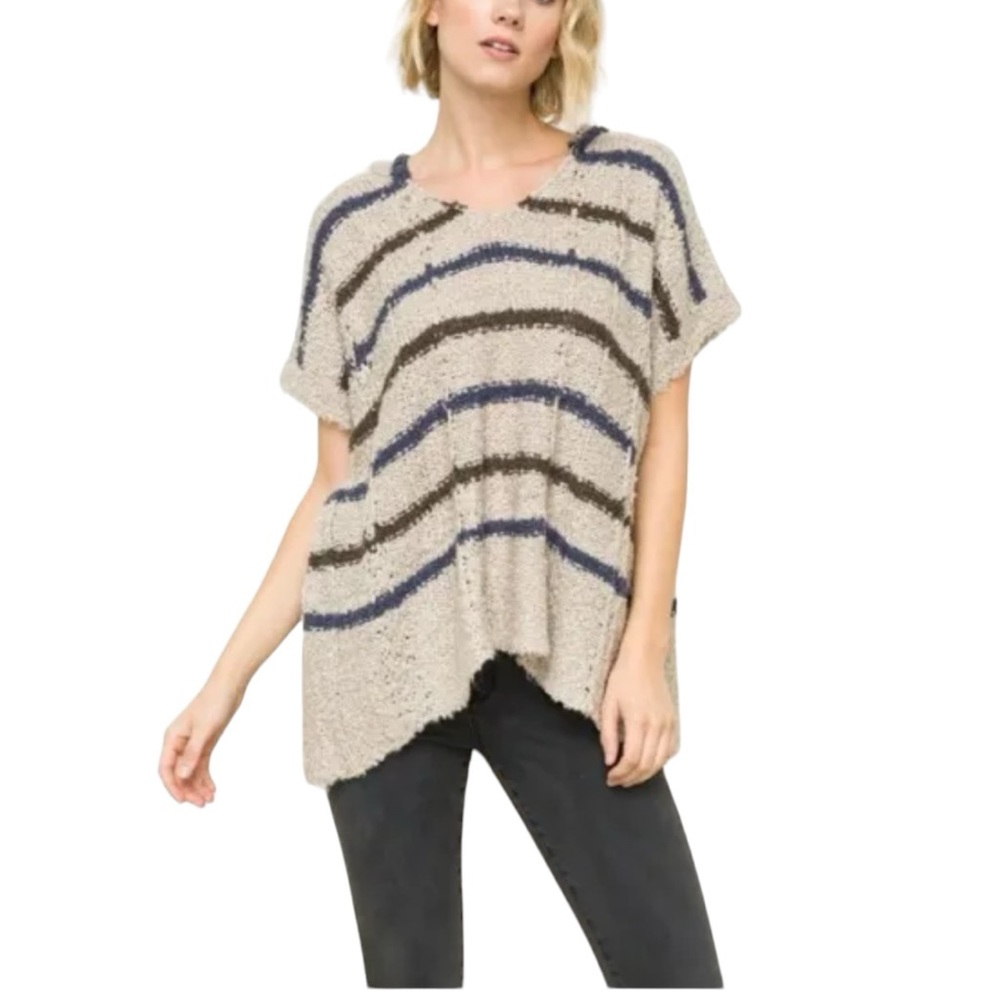 Mystree Womens Anthropologie Sweater Gray & Blue Lana Blend Hoodie Size L